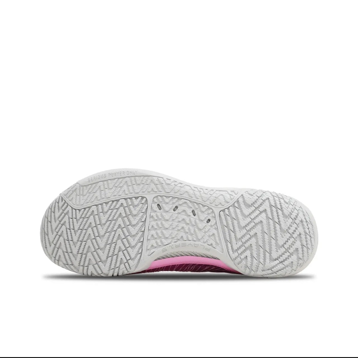 A close-up of a white athletic shoe sole with a textured tread pattern and a small pink accent visible along the inner edge, shown on a white background within a mobile app screenshot.