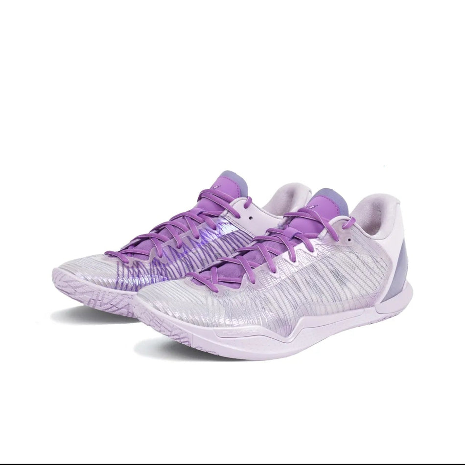A pair of athletic sneakers in white and light purple, shown from a side angle on a plain white background.