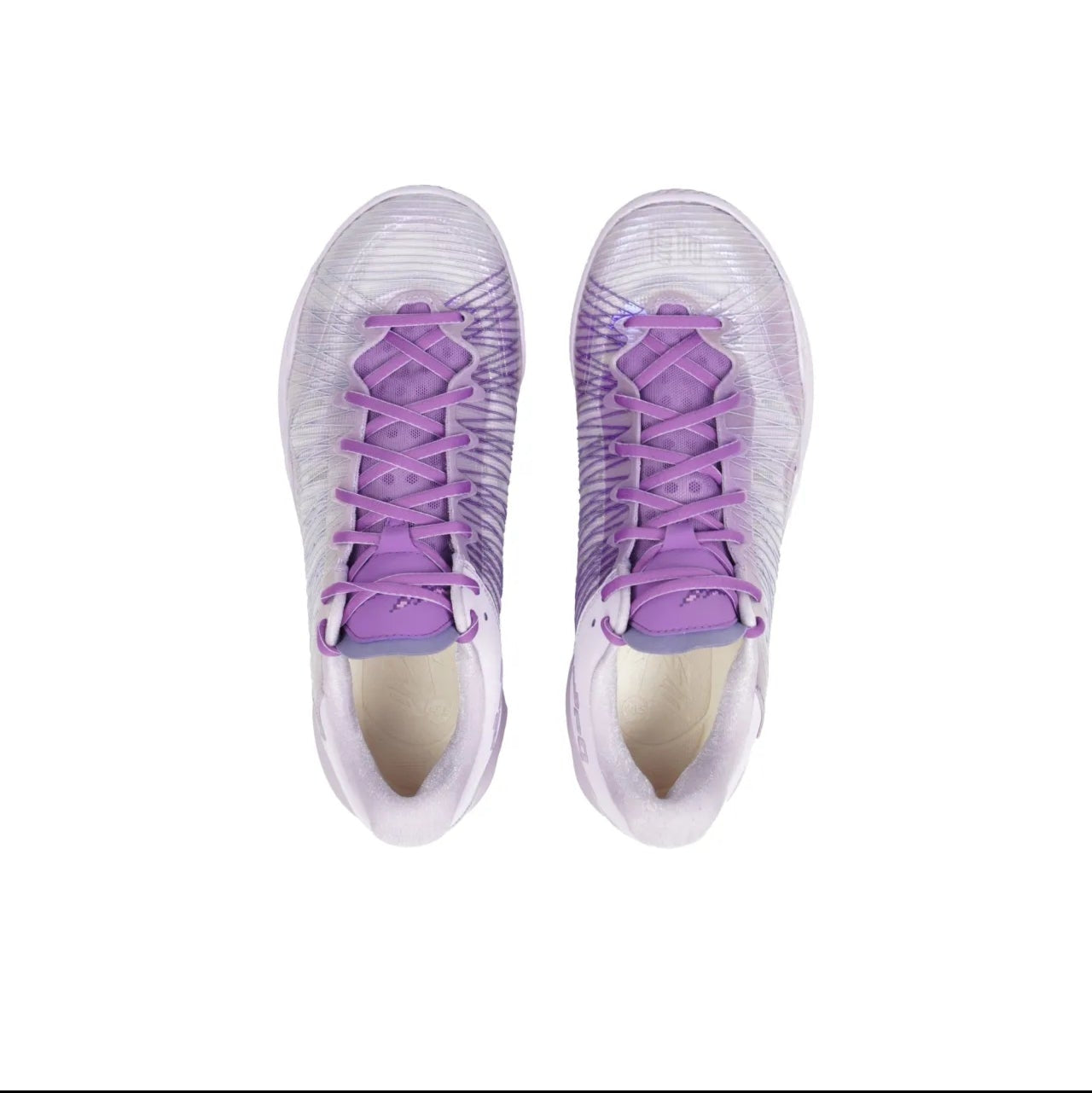 A pair of athletic sneakers shown from a top-down view on a white background, with a purple and white color scheme.
