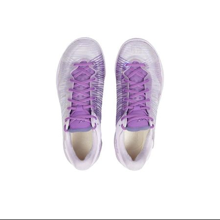A pair of athletic sneakers shown from a top-down view on a white background, with a purple and white color scheme.