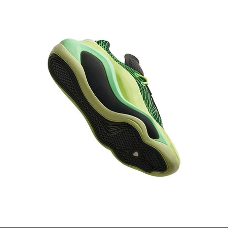 A single athletic sneaker shown from a side angle on a white background, with a black phone app interface around it.