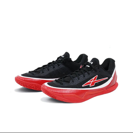 Black athletic sneakers with red soles and red logo accents, shown on a plain white background within a mobile app screenshot.