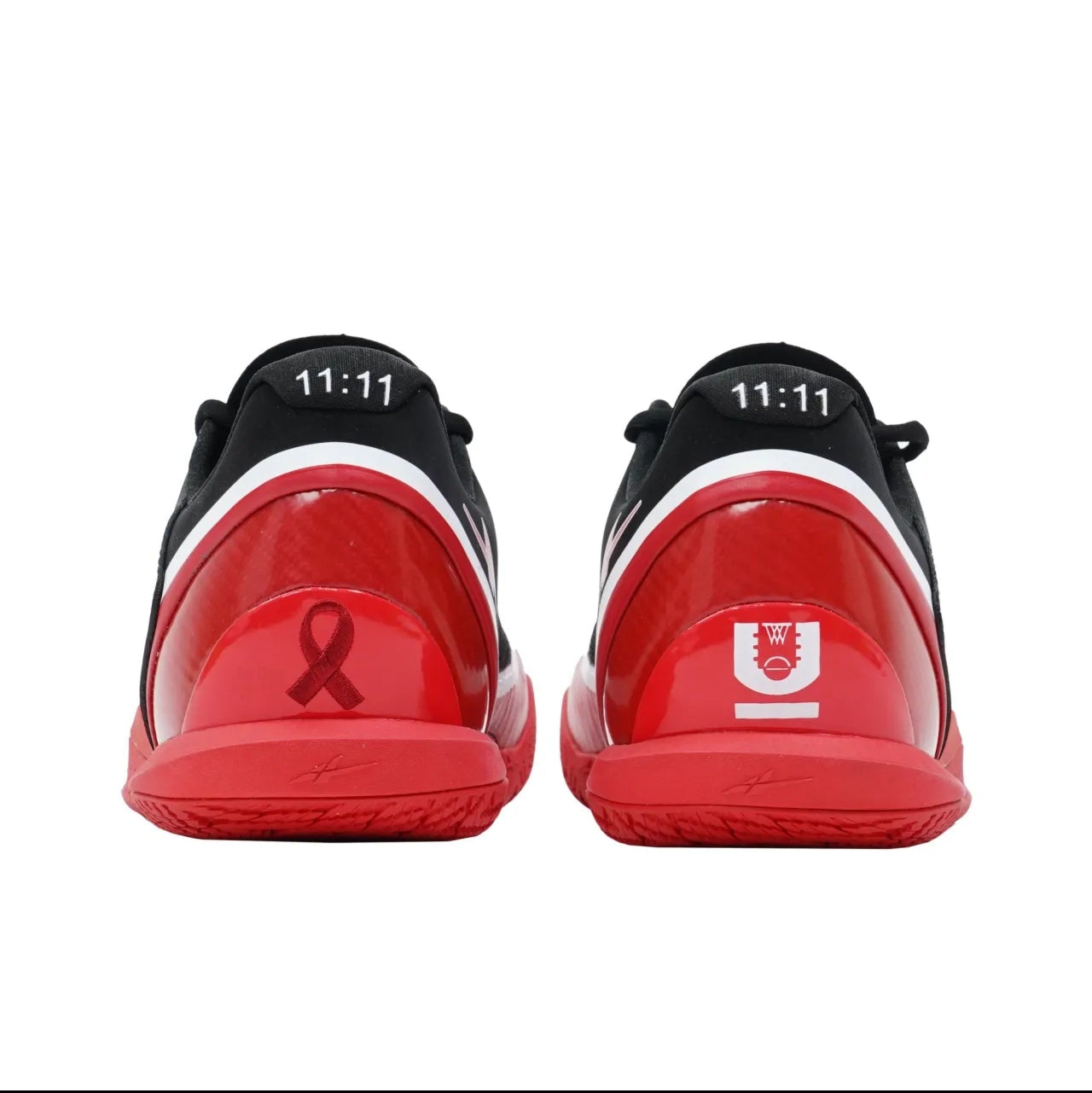 A pair of red and black athletic sneakers shown from the back, featuring a red ribbon graphic on the left heel and a white stylized 'U' on the right heel, displayed on a white background within a mobile app screenshot.