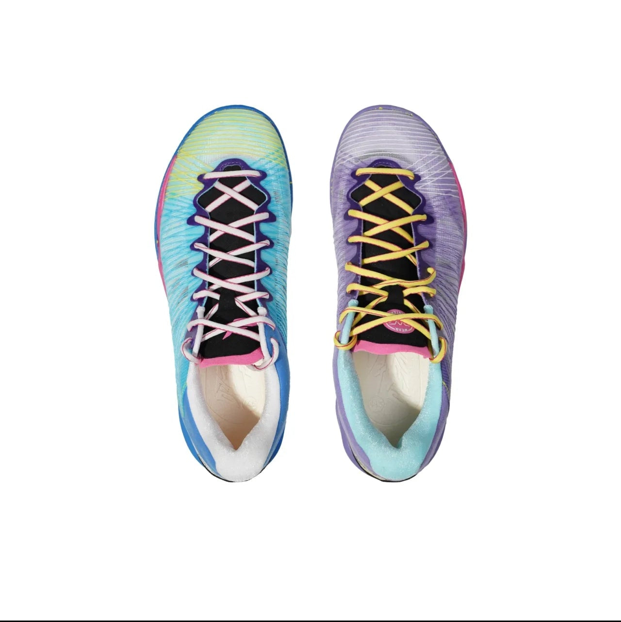 A pair of athletic running shoes shown from a top-down view on a white background, with one shoe displaying a blue, purple, and green gradient upper with pink and yellow laces, and the other showing a purple and blue gradient upper with yellow laces.
