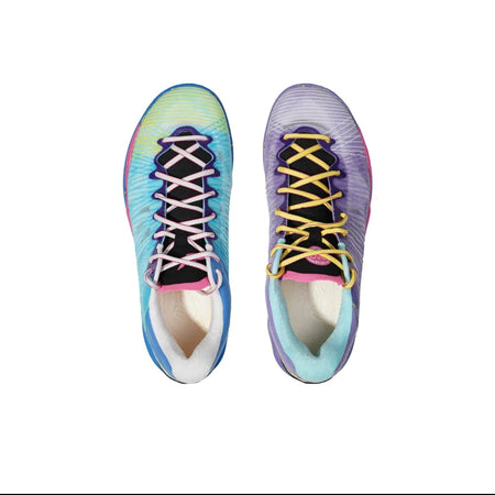 A pair of athletic running shoes shown from a top-down view on a white background, with one shoe displaying a blue, purple, and green gradient upper with pink and yellow laces, and the other showing a purple and blue gradient upper with yellow laces.