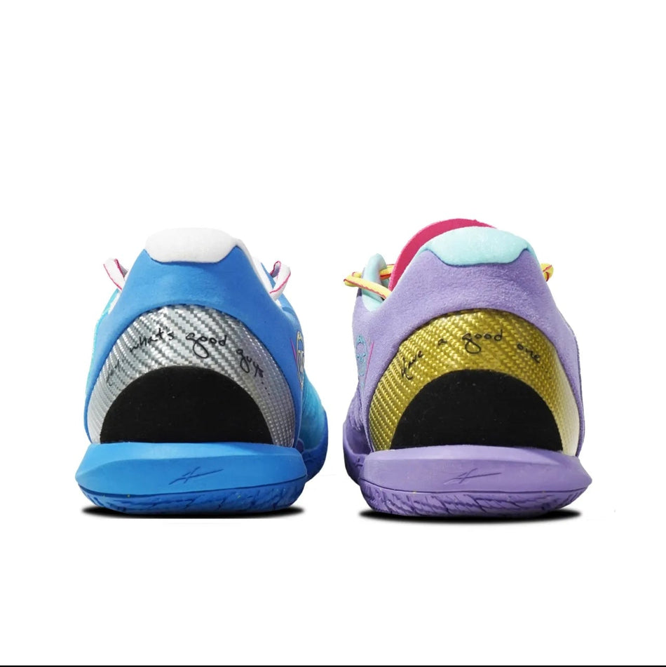 A pair of colorful athletic sneakers shown from the back, side by side. The left shoe is primarily blue with gray and white accents, and the right shoe is primarily purple with yellow, pink, and white accents.