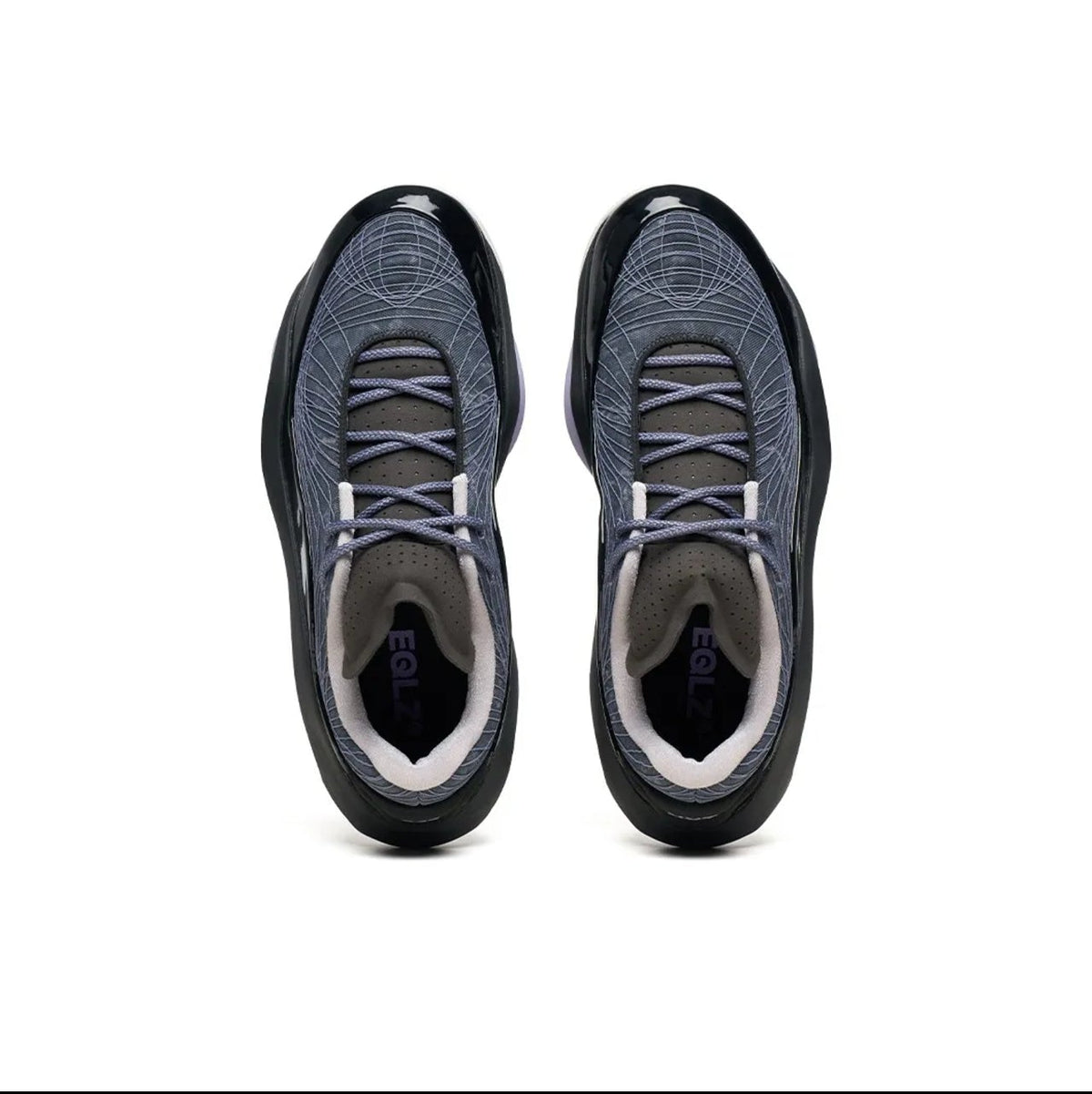 A pair of athletic shoes shown from a top-down view on a white background, with a black phone app interface framing the photo.