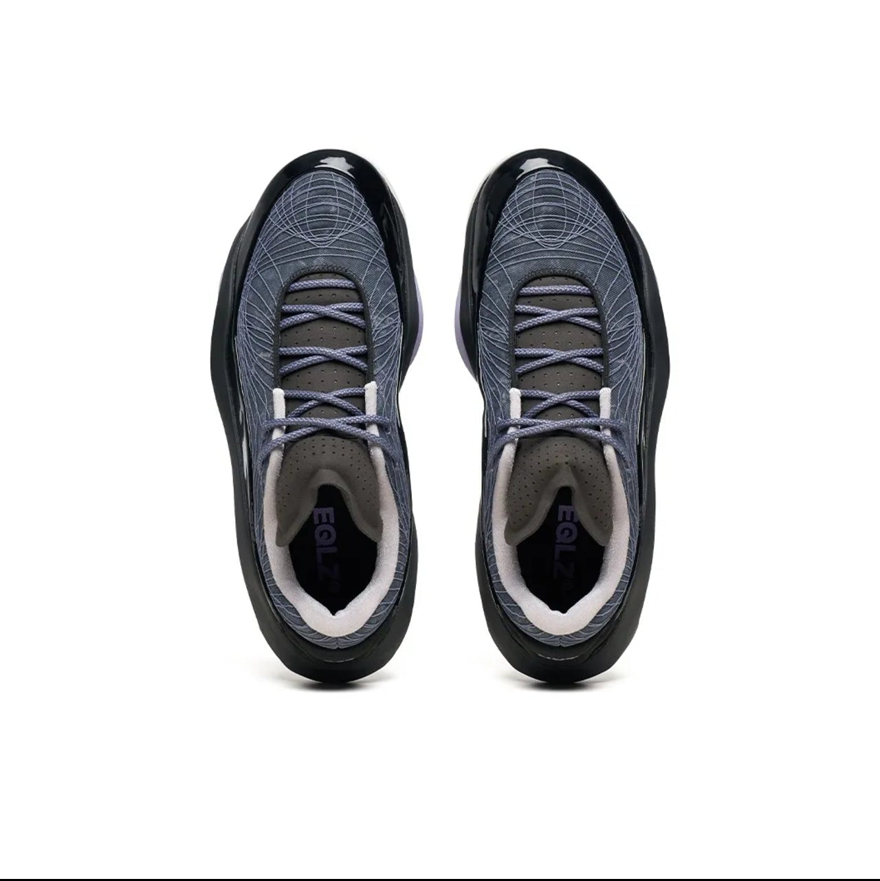 A pair of athletic shoes shown from a top-down view on a white background, with a black phone app interface framing the photo.