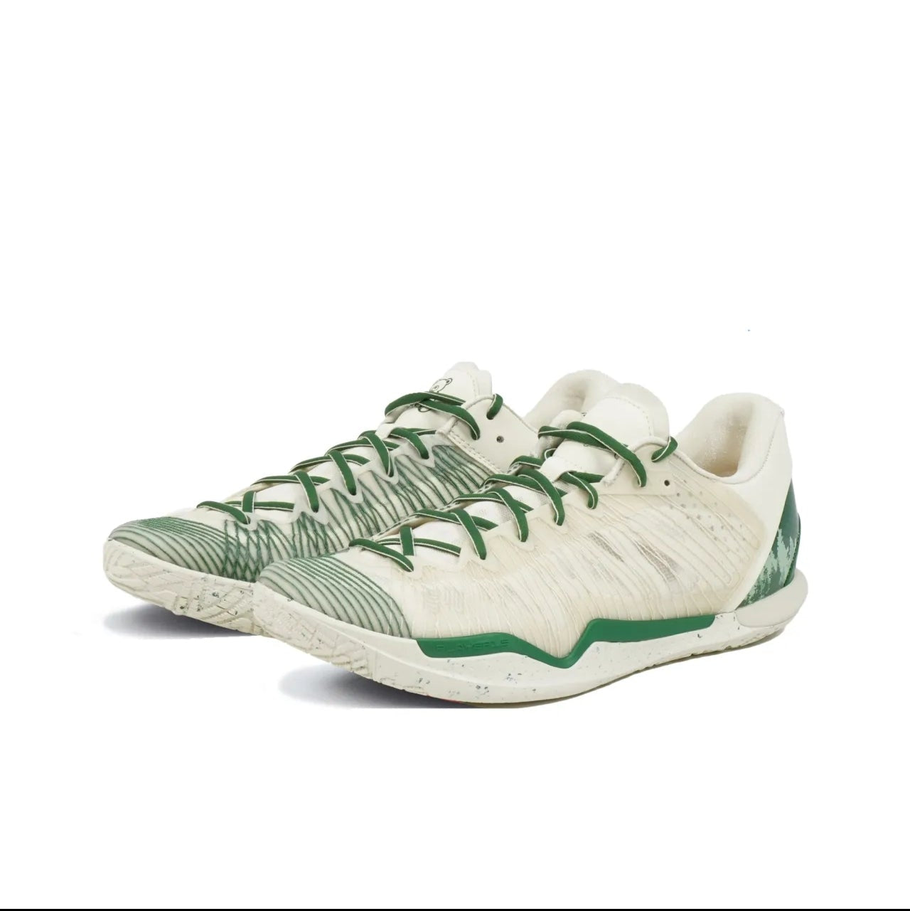 A pair of athletic sneakers in off-white and light green, shown from a side angle on a white background. The shoes feature a textured knit upper, green laces, and green accents along the sole.