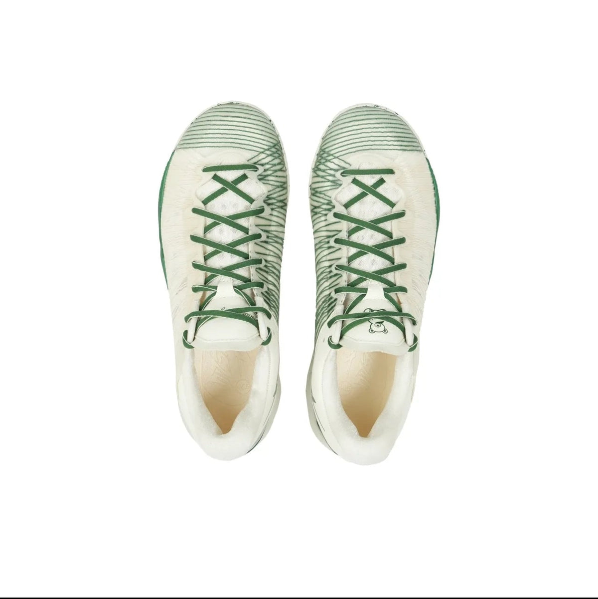 A pair of low-top sneakers shown from a top-down view on a white background, with a black phone app interface surrounding the product photo.