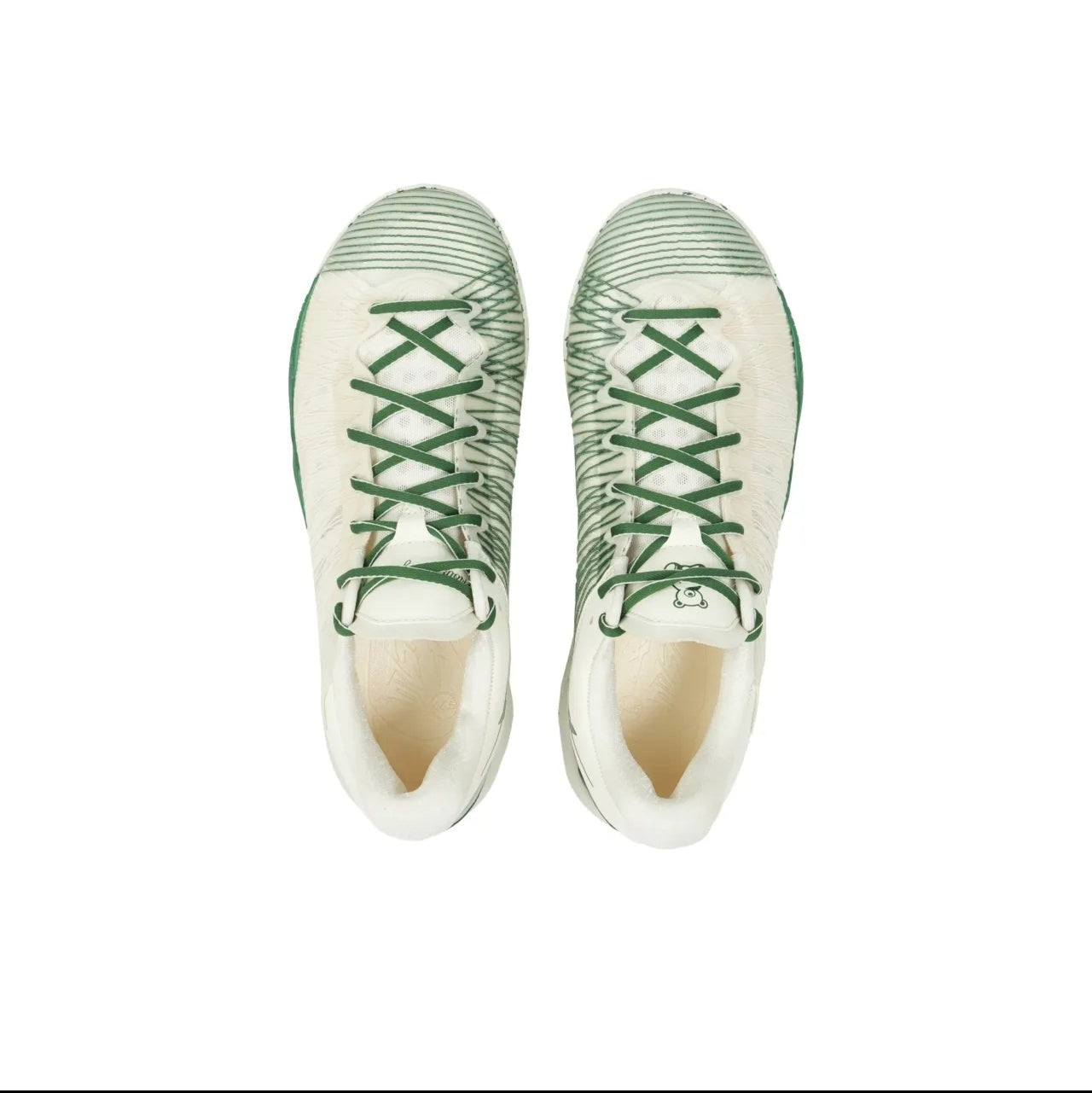 A pair of low-top sneakers shown from a top-down view on a white background, with a black phone app interface surrounding the product photo.