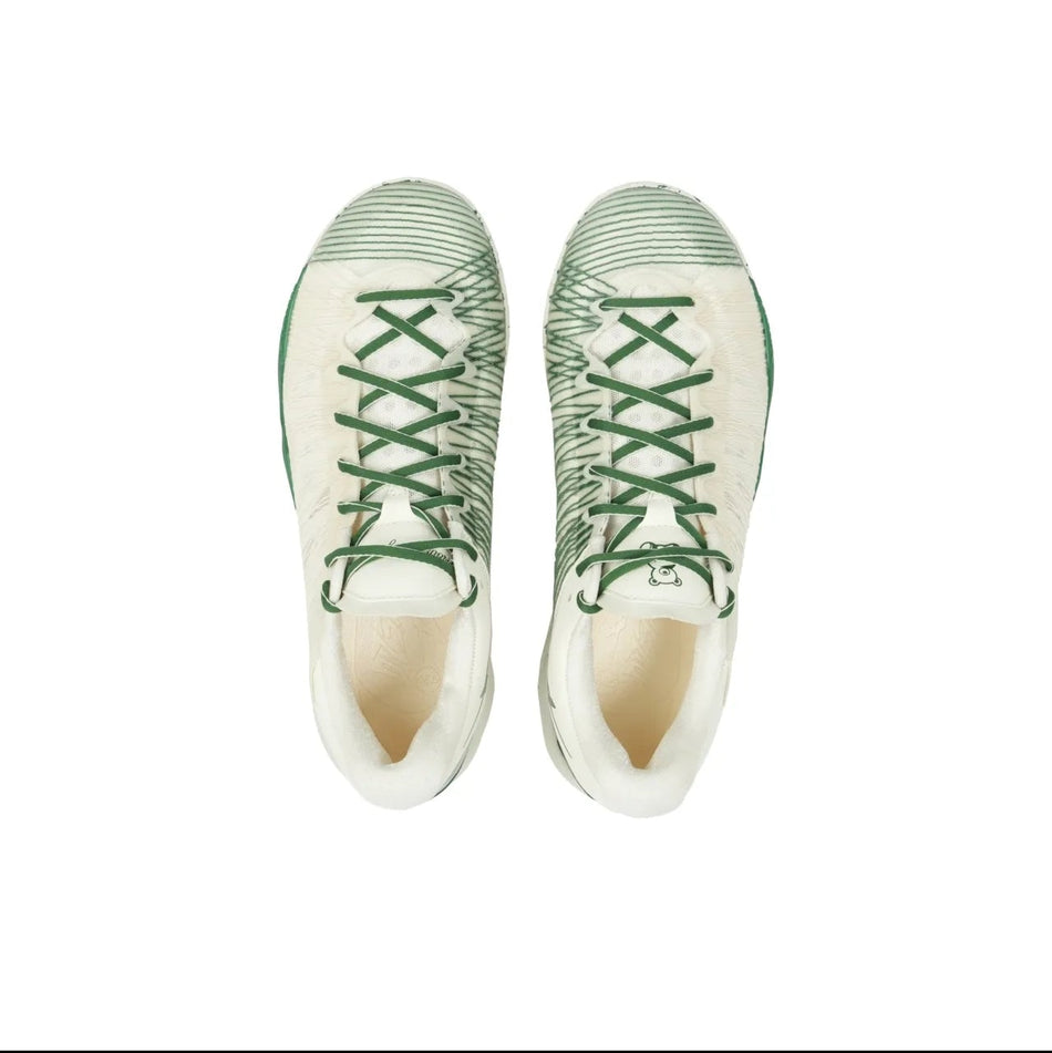 A pair of low-top sneakers shown from a top-down view on a white background, with a black phone app interface surrounding the product photo.