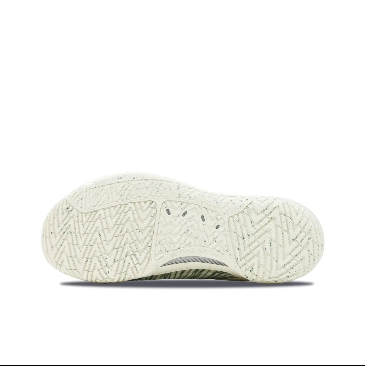 A close-up of a shoe's textured white outsole, shown against a white background with black bars at the top and bottom of the screenshot.