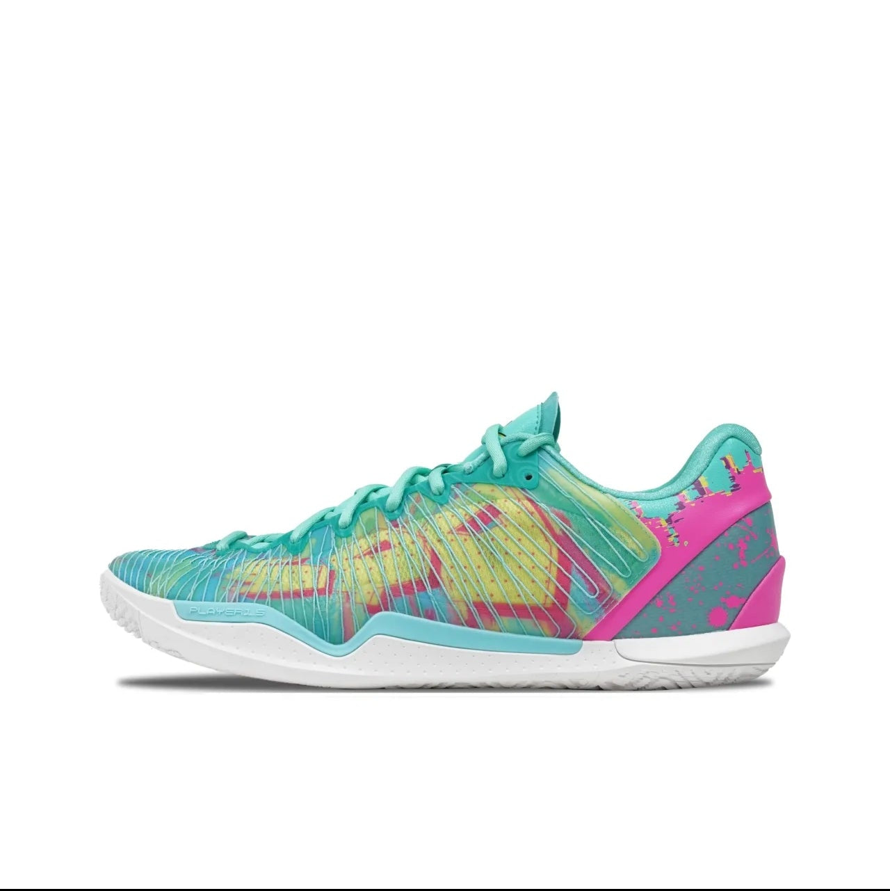 A colorful athletic sneaker shown in profile on a white background, with a black phone app interface around it. The shoe has a turquoise and pink upper with yellow-green patterned overlays and a white sole.