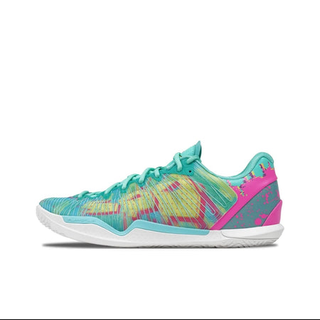 A colorful athletic sneaker shown in profile on a white background, with a black phone app interface around it. The shoe has a turquoise and pink upper with yellow-green patterned overlays and a white sole.