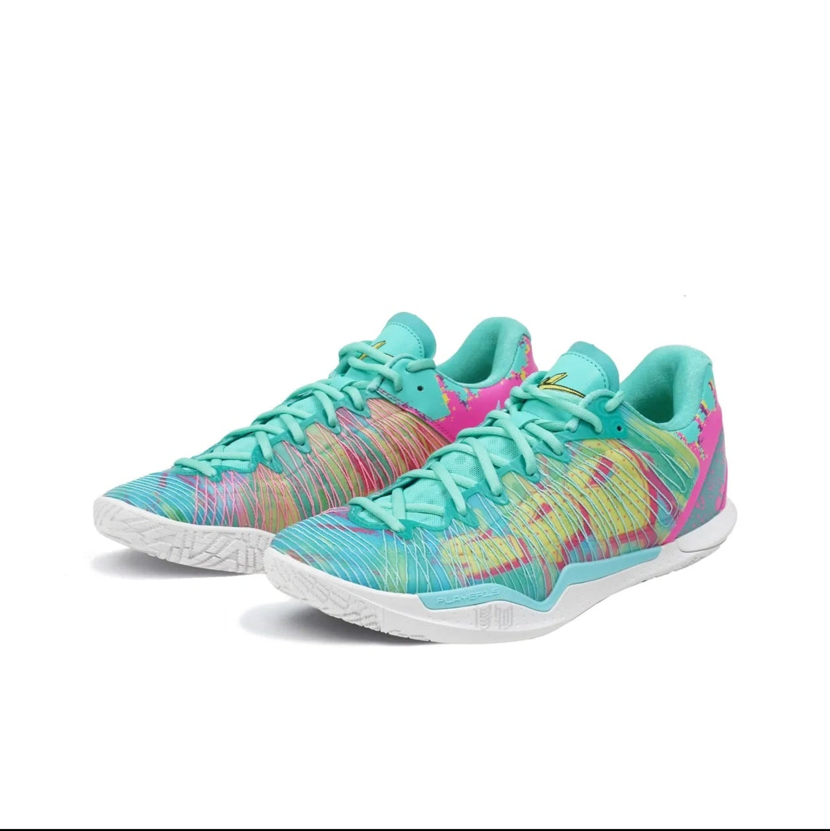 A pair of athletic sneakers in a bright turquoise and pink colorway with multicolor knit patterns, shown on a white background within a mobile app screenshot.
