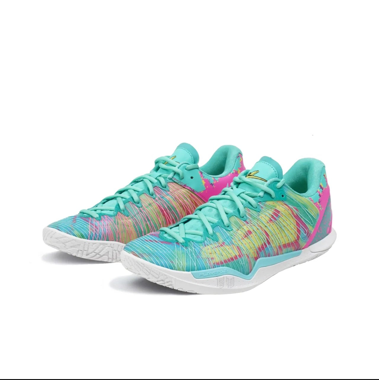 A pair of athletic sneakers in a bright turquoise and pink colorway with multicolor knit patterns, shown on a white background within a mobile app screenshot.