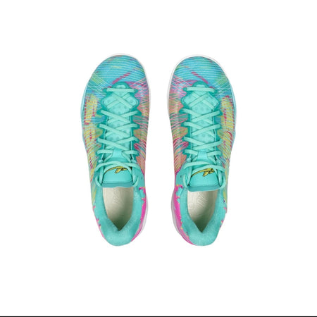 A pair of athletic cleats shown from a top-down view on a white background, with a black phone app interface around the photo. The shoes have a bright turquoise/aqua base with pastel rainbow-like multicolor accents across the upper.