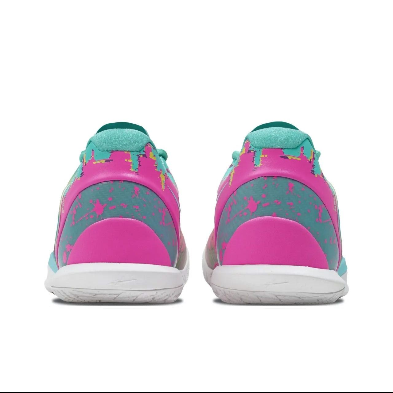 A pair of low-top athletic sneakers shown from the back, featuring a bright pink and teal upper with a white sole, displayed on a white background within a mobile app interface.