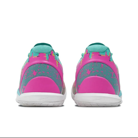 A pair of low-top athletic sneakers shown from the back, featuring a bright pink and teal upper with a white sole, displayed on a white background within a mobile app interface.
