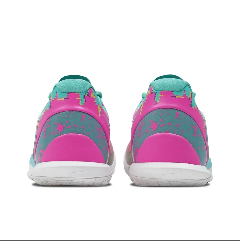 A pair of low-top athletic sneakers shown from the back, featuring a bright pink and teal upper with a white sole, displayed on a white background within a mobile app interface.