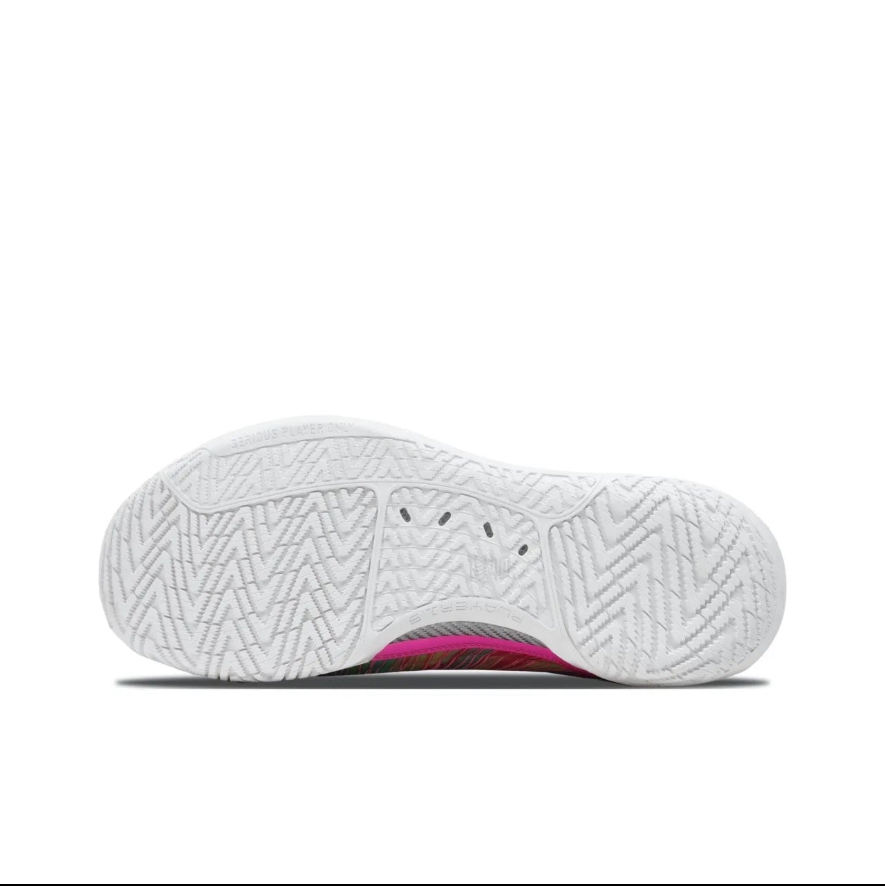 A close-up of a white athletic shoe sole with a textured tread pattern and a small pink accent near the bottom edge, shown on a white background within a mobile app screenshot.