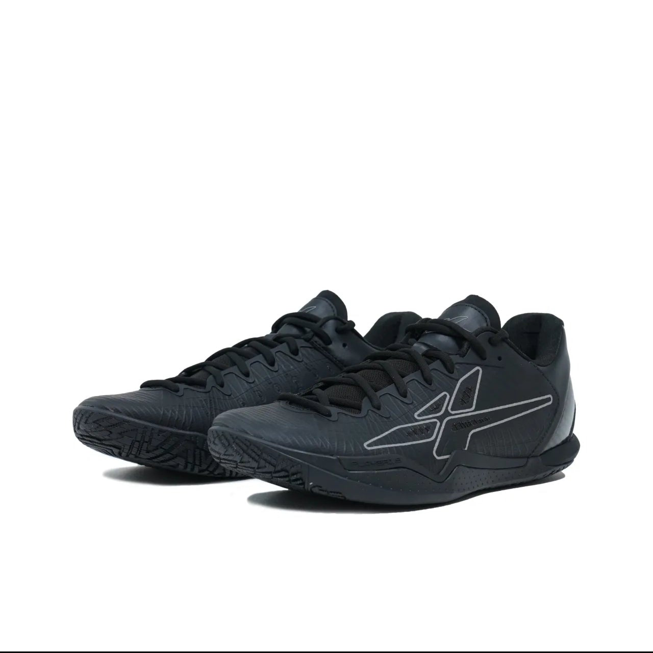 A pair of black athletic shoes with white logo accents, displayed on a white background within a mobile app screenshot.