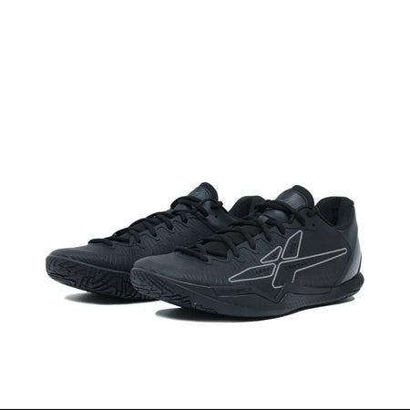 A pair of black athletic shoes with white logo accents, displayed on a white background within a mobile app screenshot.
