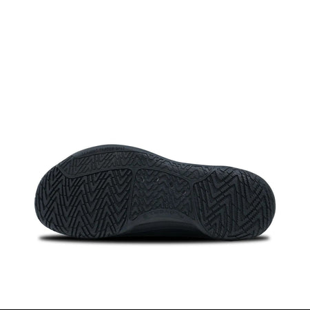 A close-up of a black shoe sole with a textured herringbone tread pattern, shown against a white background with black phone app interface bars around it.