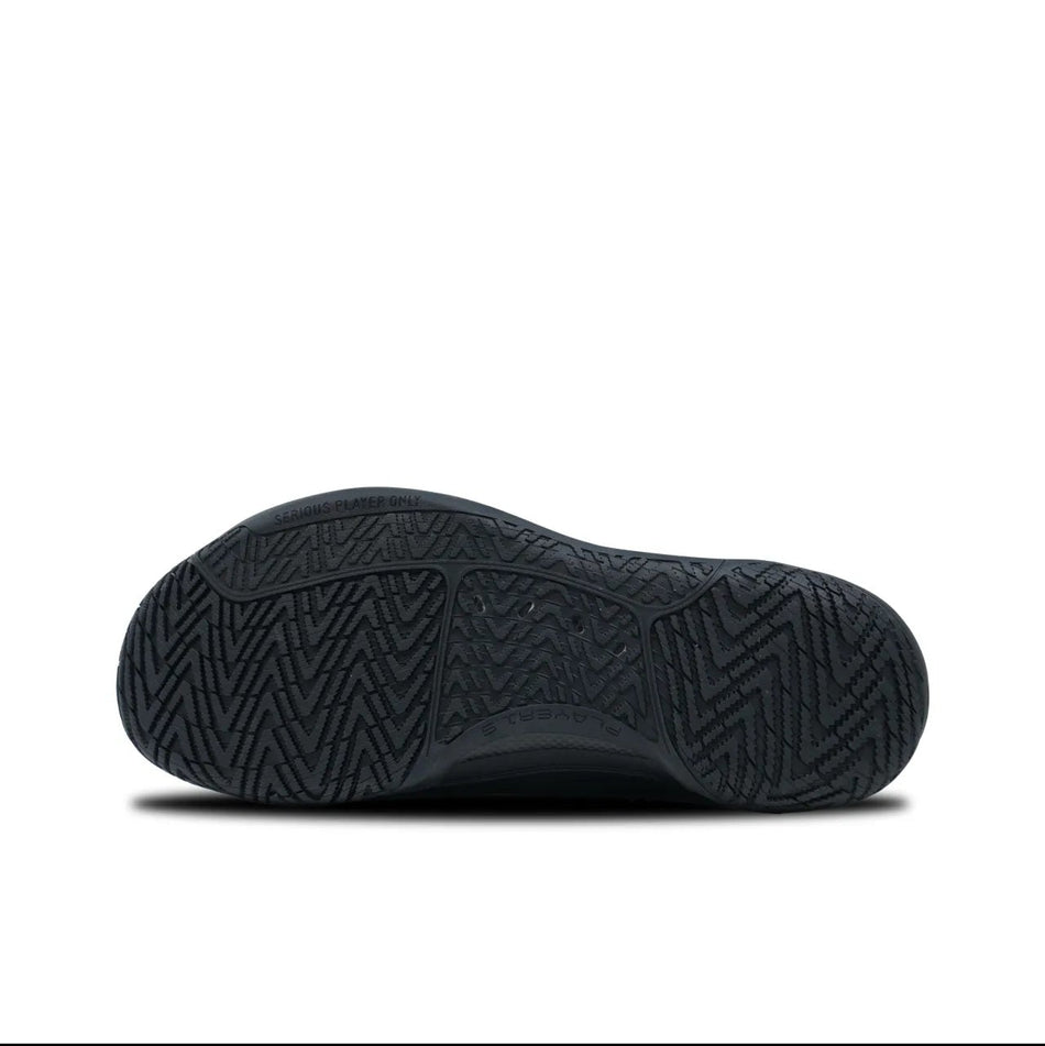 A close-up of a black shoe sole with a textured herringbone tread pattern, shown against a white background with black phone app interface bars around it.