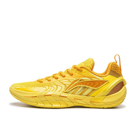 A bright yellow athletic sneaker shown in a side profile view against a white background, framed within a mobile app screenshot with black bars and a bottom pagination bar.