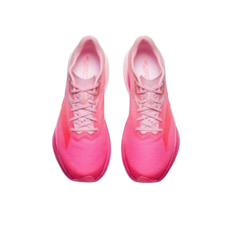 A pair of bright pink athletic running shoes shown from a top-down view on a white background, with black bars and a mobile app interface around the photo.