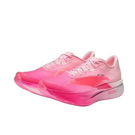 A pair of pink running shoes with a translucent gradient design, shown against a plain white background within a mobile phone screenshot.