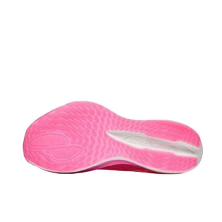 A pink athletic shoe insole shown from the bottom side on a white background, with black bars and a mobile app interface around it.