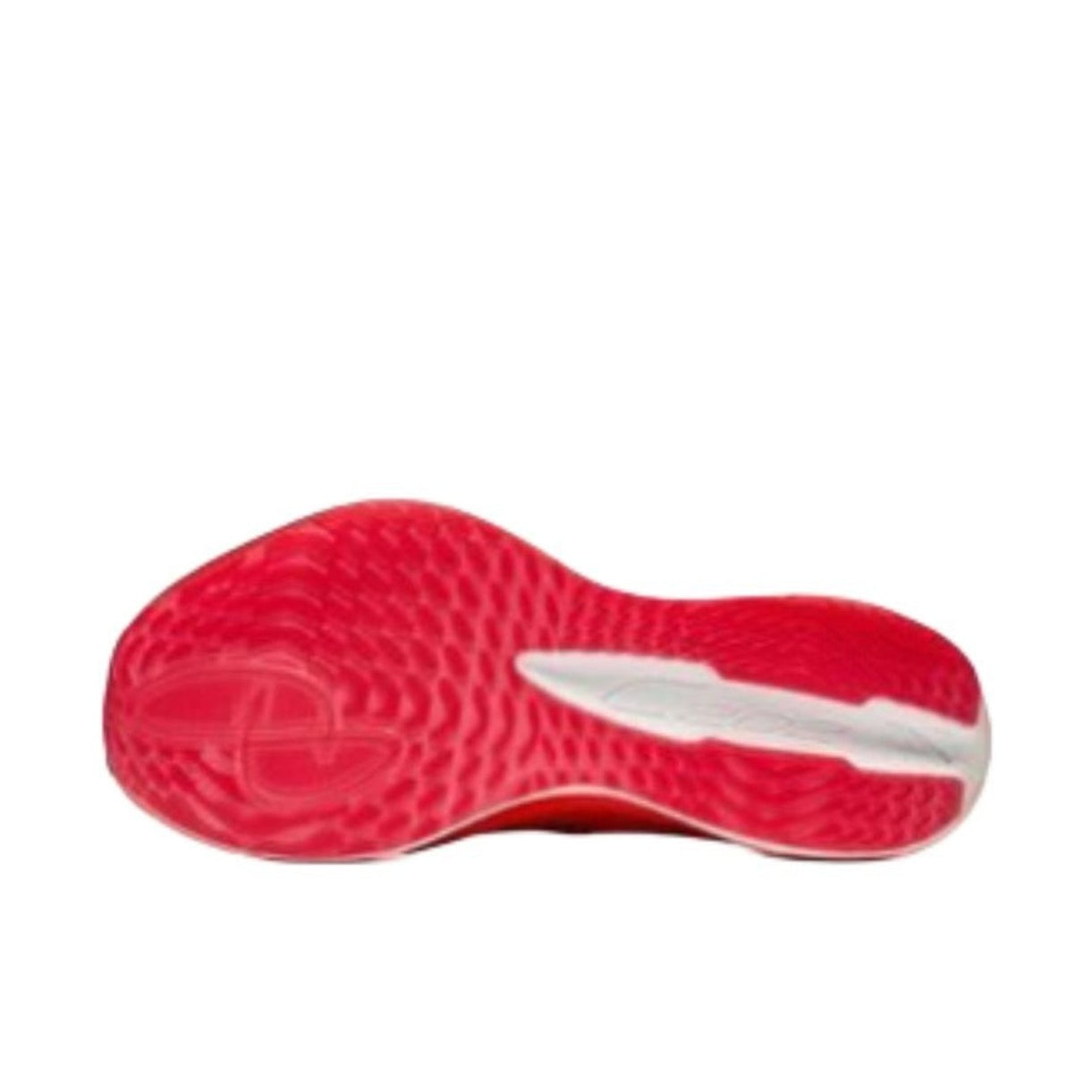 A close-up of a red athletic shoe sole with a white midsole strip, shown on a white background within a mobile app screenshot.