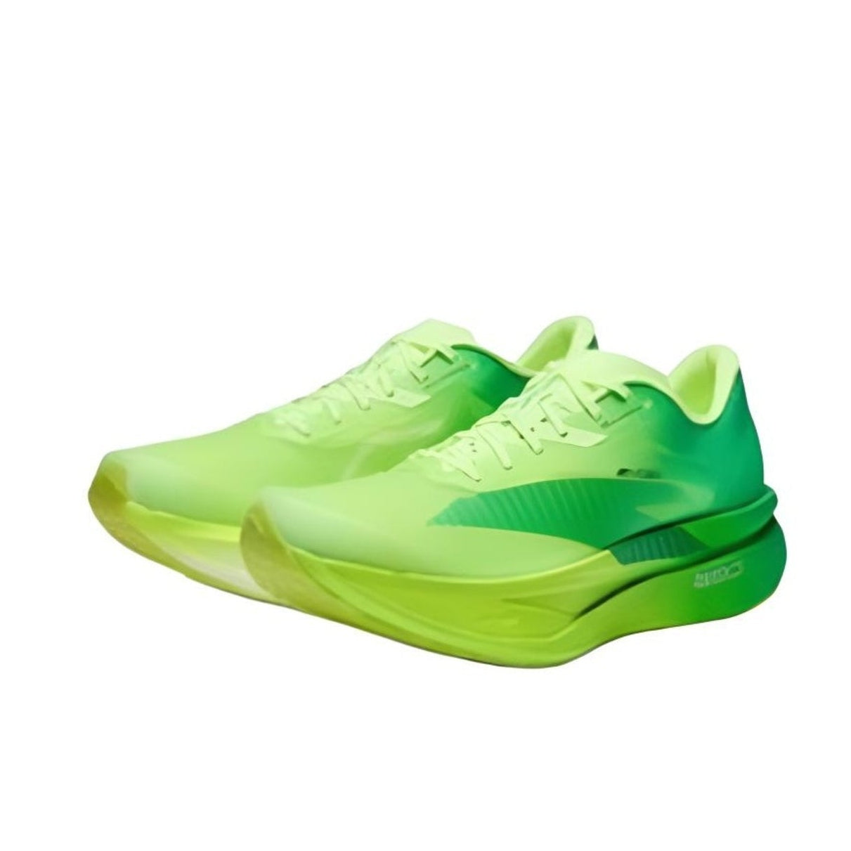 A pair of athletic sneakers in a bright neon yellow-green colorway, shown against a plain white background. The shoes feature a textured mesh upper and a thick, sculpted midsole with a matching green heel accent.