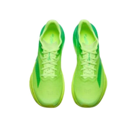 A pair of bright neon green athletic sneakers shown from a top-down view on a white background, with black bars and a mobile app interface around the photo.