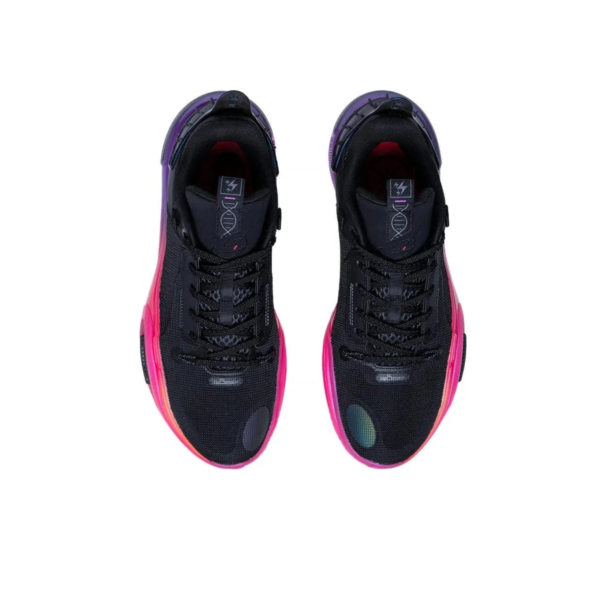 A pair of black athletic sneakers with vibrant pink and purple accents, shown from a top-down view on a white background.