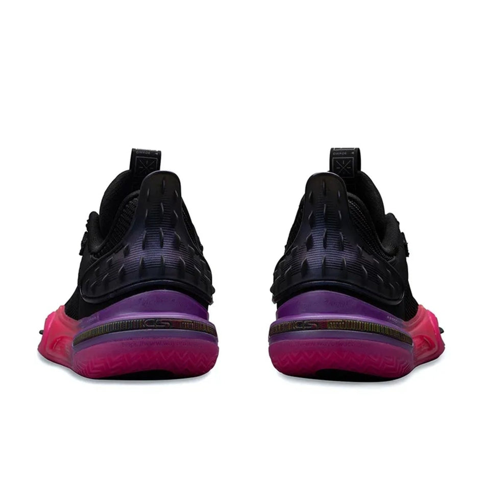 A pair of black athletic sneakers shown from the back, featuring a purple and magenta gradient midsole and heel counter.