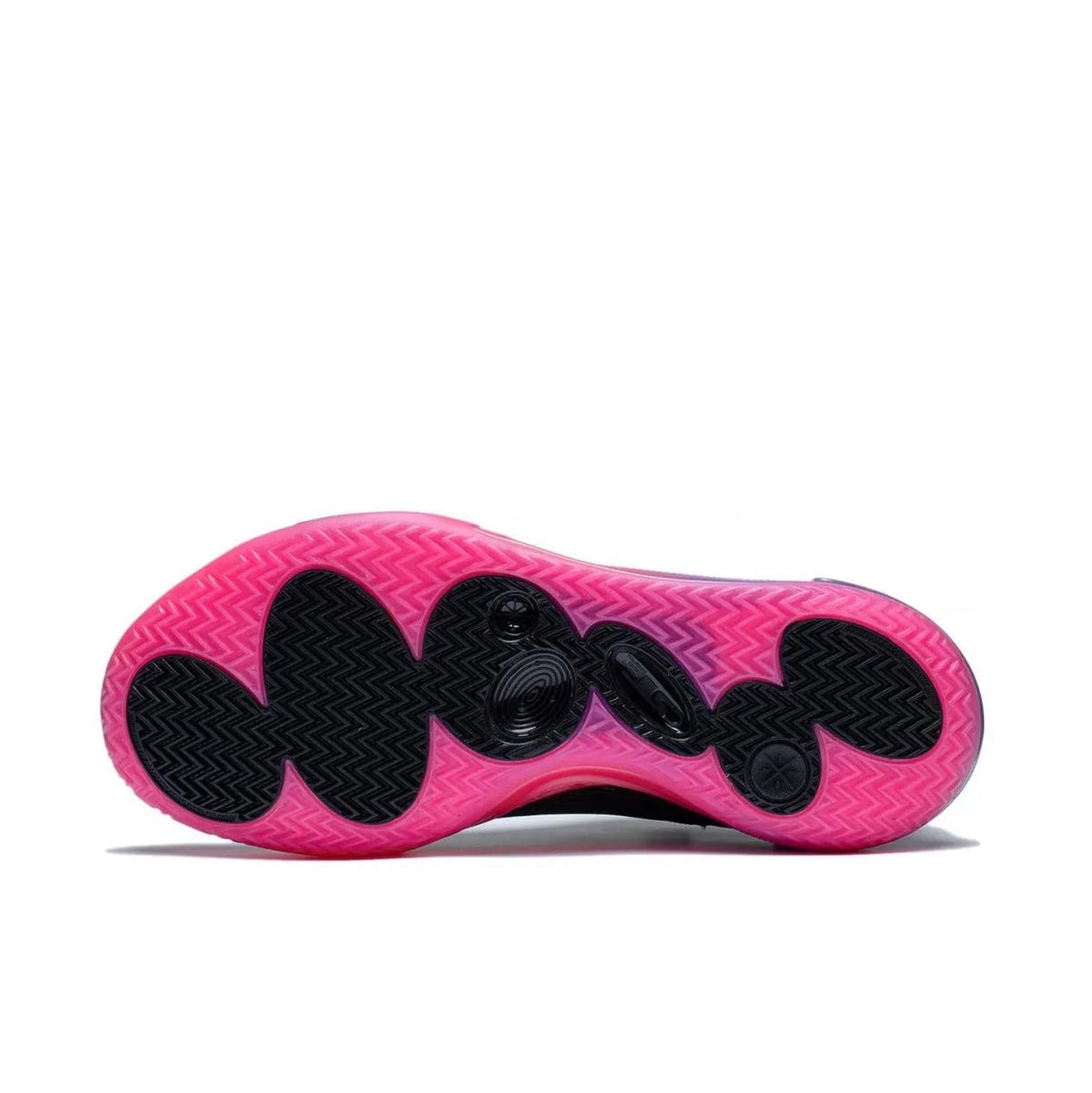 A close-up of a shoe sole showing a bright pink and black textured design, centered on a white background within a mobile app screenshot.