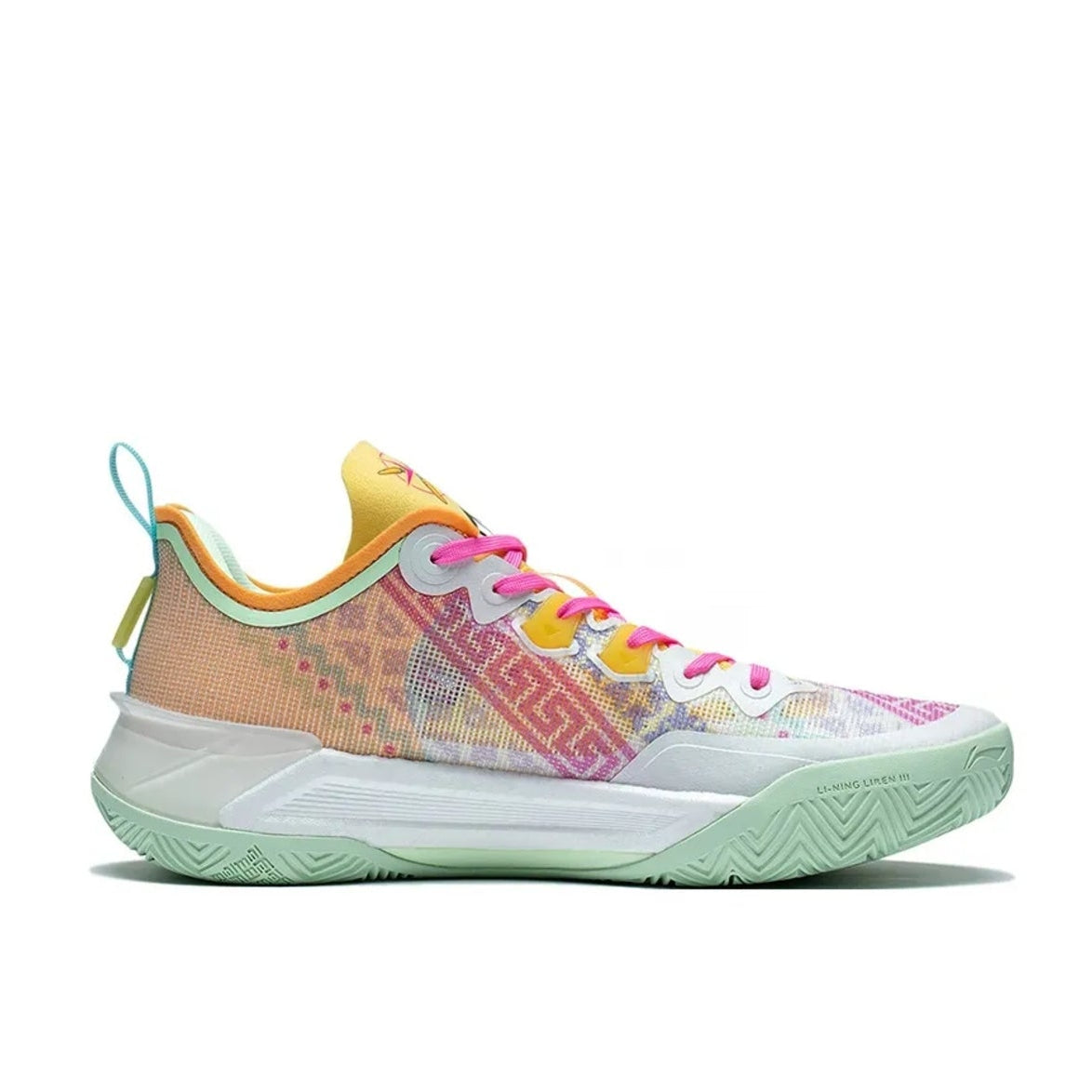 A colorful athletic sneaker shown in side profile on a white background, with a black phone app interface around it.