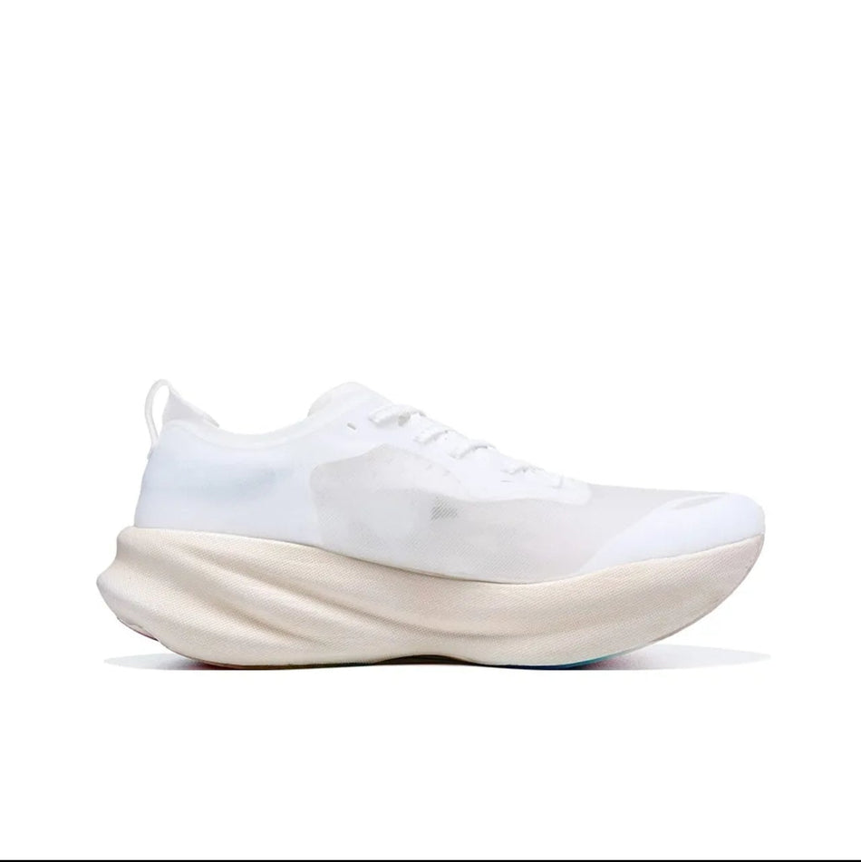 A white athletic sneaker with a chunky, sculpted off-white sole, shown from a side profile against a plain white background.