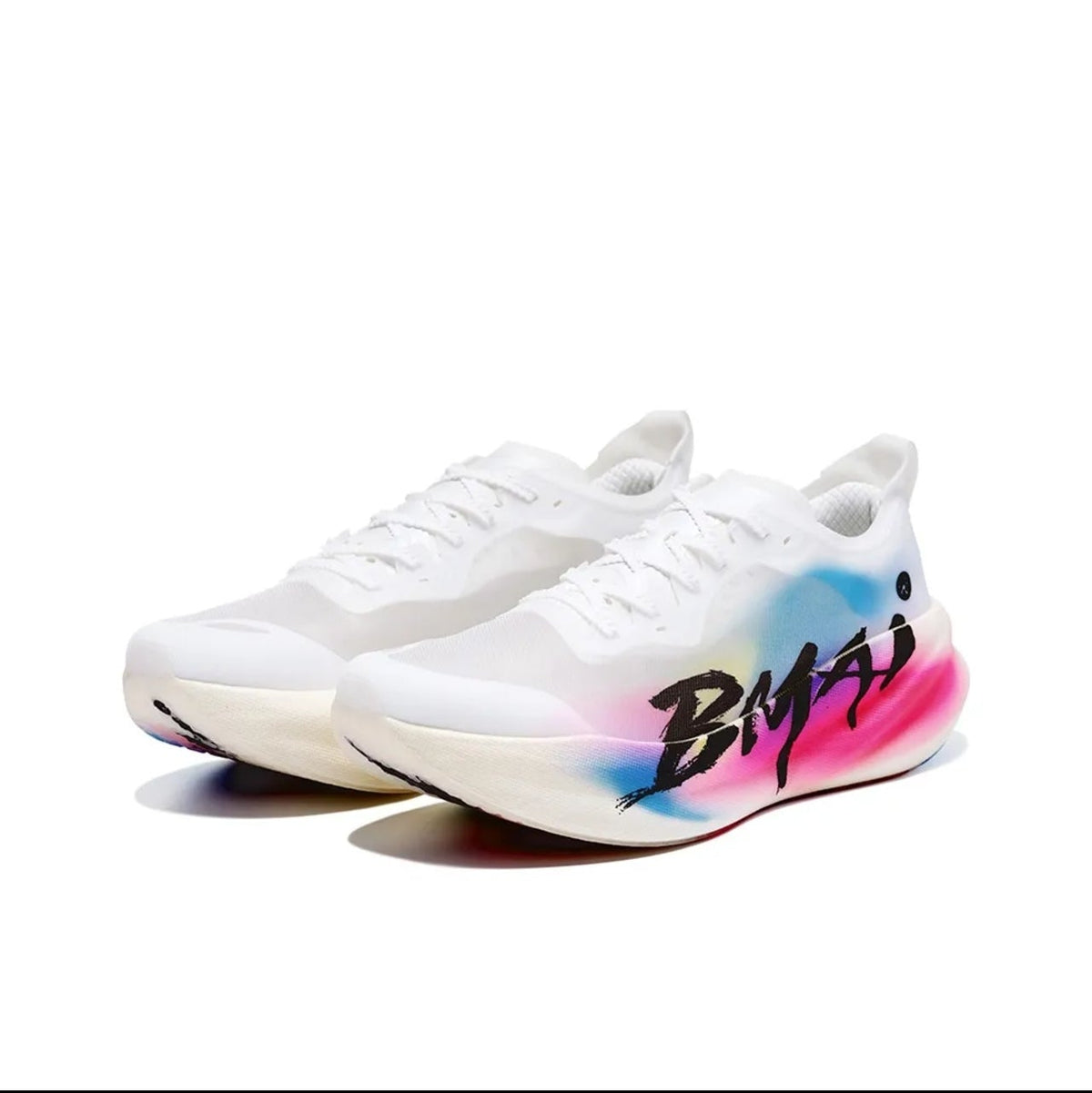 A pair of white athletic sneakers with colorful graffiti-style lettering on the side, displayed against a plain white background.