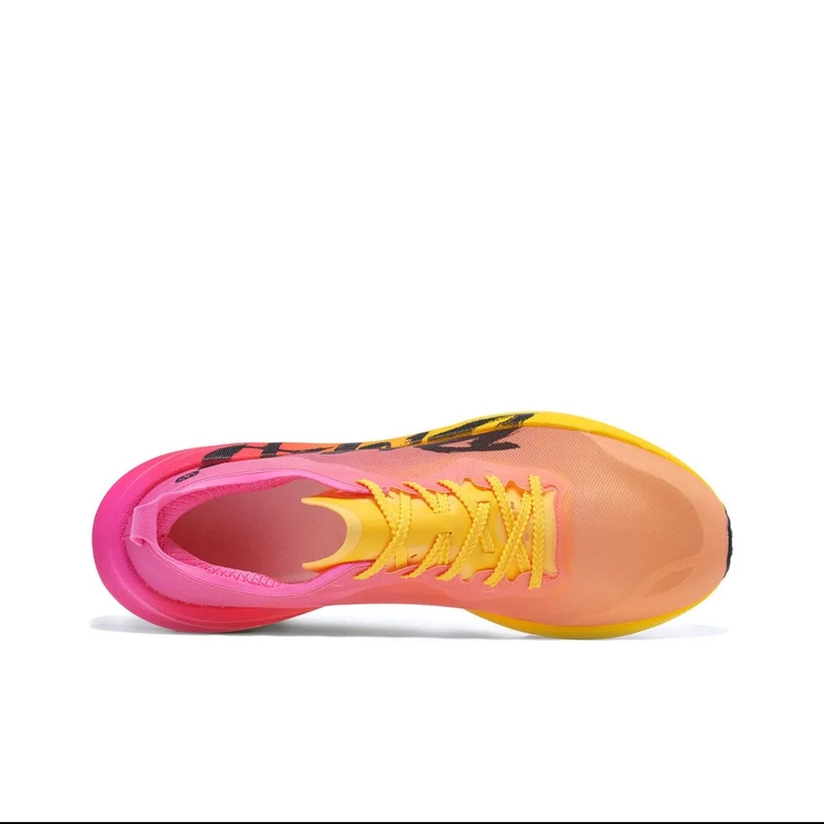 A close-up side view of a running shoe sole showing a translucent peach and orange upper, a bright pink heel, and neon yellow laces on a white background.