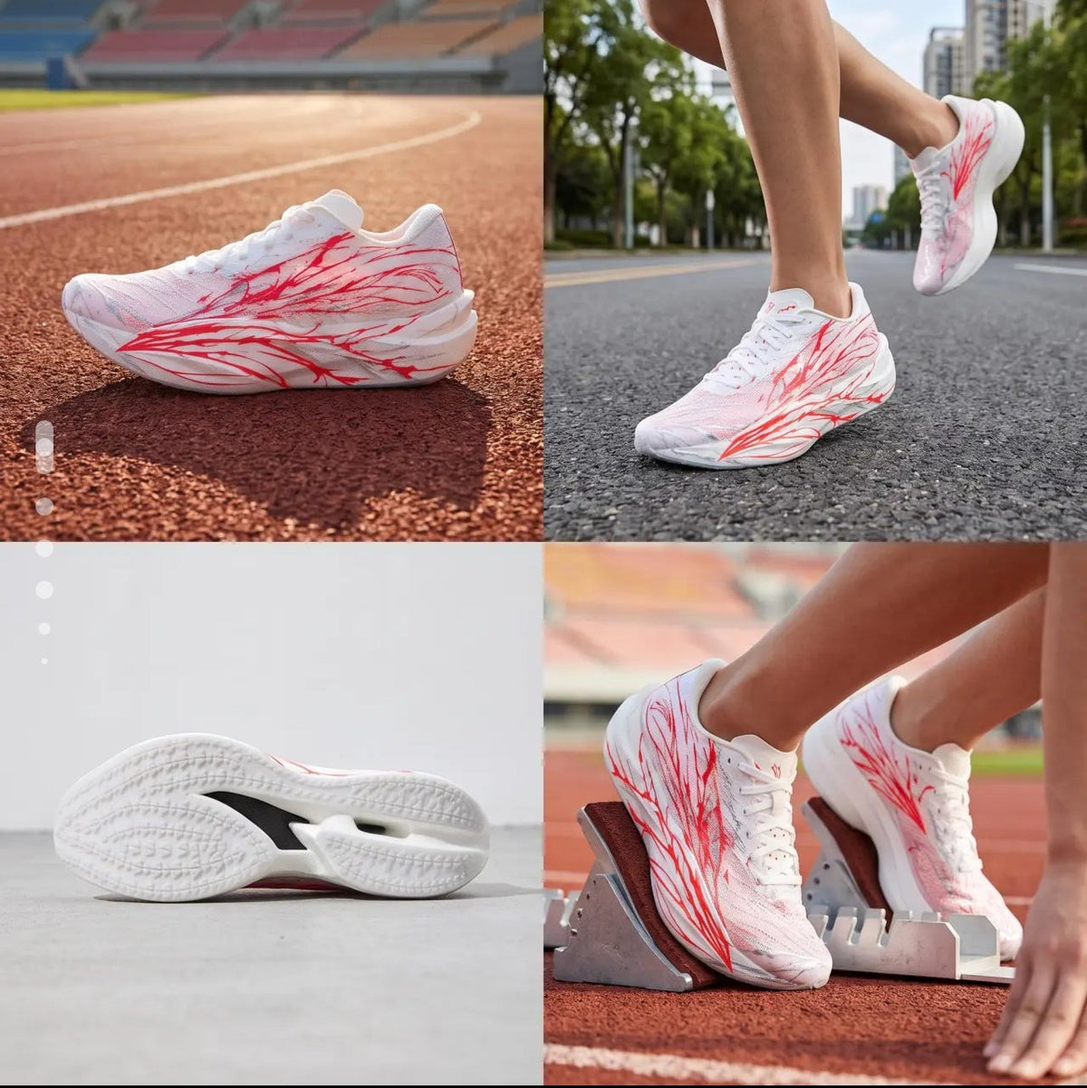 A four-panel collage showing a pair of athletic running shoes in use and from the side, with a track and field stadium background in some panels. The shoes are predominantly white with bright pink and red abstract stripe-like patterns on the sides and soles.