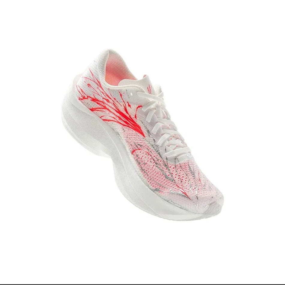 A white running shoe with vibrant pink and red abstract wing-like patterns on the side, shown against a plain white background.
