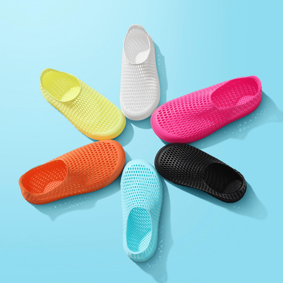 Kids 3D printed slip-on shoes in multiple colors: yellow, orange, pink, blue, black, white