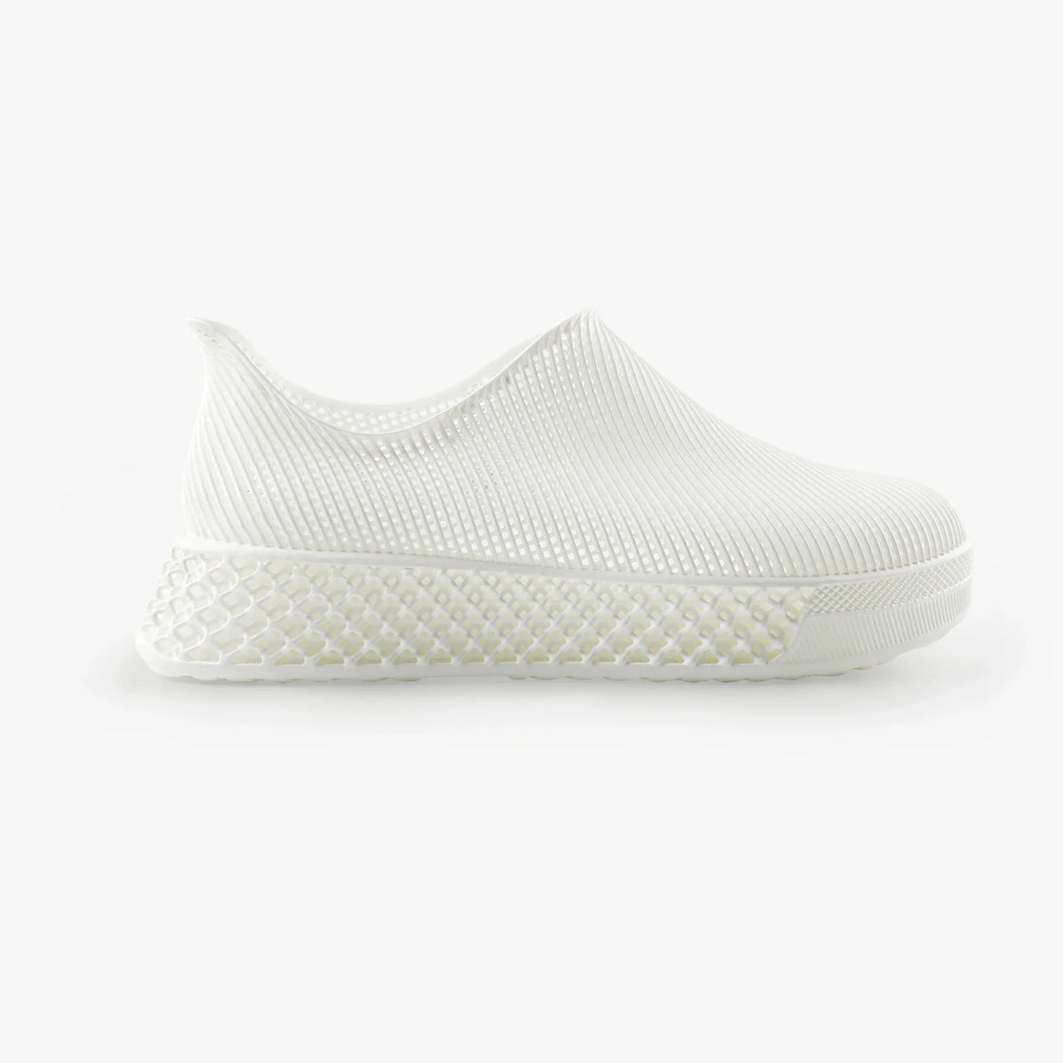 3D printed slip-on sneakers, white knit upper and molded textured midsole