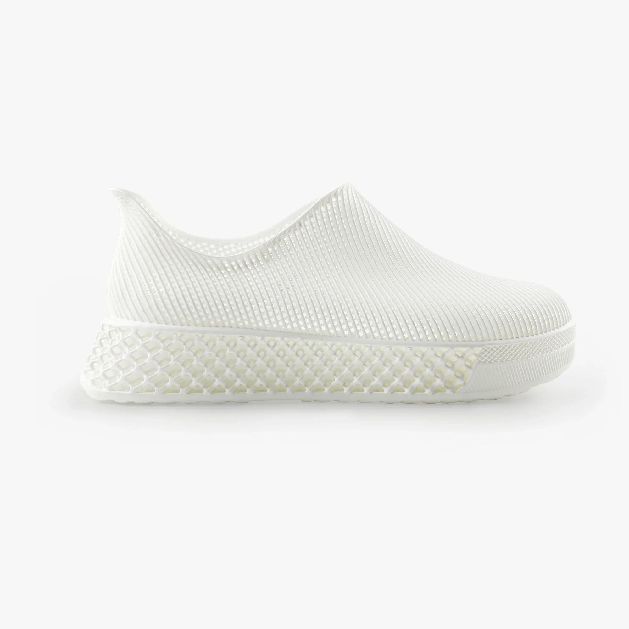 3D printed slip-on sneakers, white knit upper and molded textured midsole