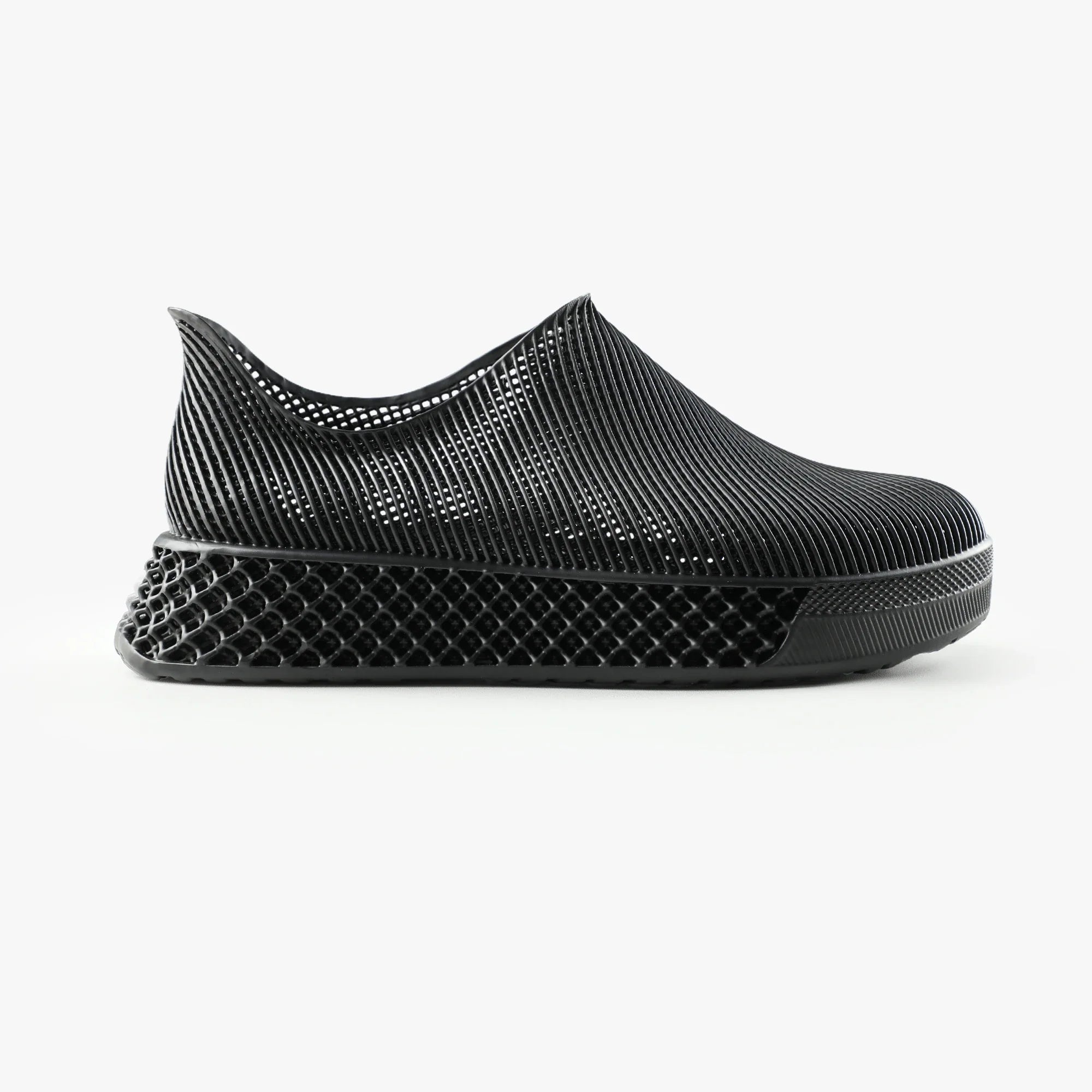 3D printed slip-on sneakers, dark black knit upper with textured side panel